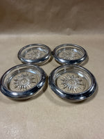 Set Of 4 Leonard Silverplate Rimmed Starburst Glass Coasters // 2 Sets Available // *** PRICED INDIVIDUALLY ***