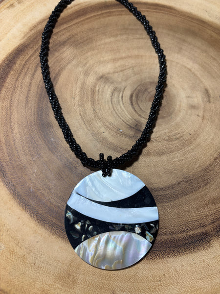 Black Beaded Necklace with Large Abalone Pendant