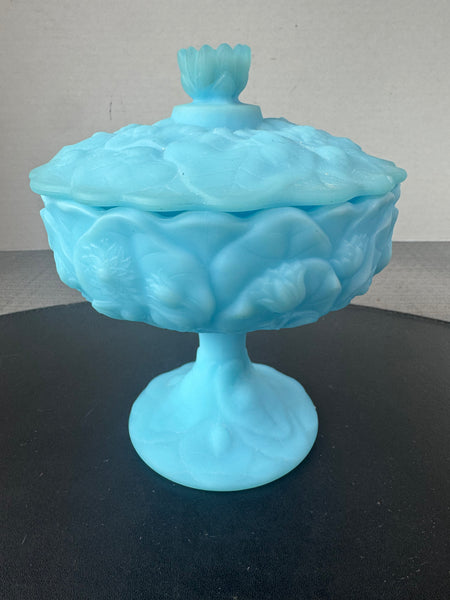Fenton Blue Satin Water Lily Pedestal Covered Candy Dish