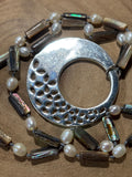 Abalone/Faux Pearl Necklace with Silver Tone Pendant