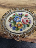 Viennese Petit Point Floral Micro Needlepoint Oval Brooch
