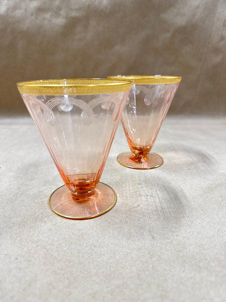 Pair Of Pink Footed Juice Glasses With Gold Trim
