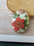 Hibiscus & Rose Floral Porcelain Transferware Vintage Oval Brooch
