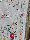 Floral And Bird Hand Embroidered Silk Shawl With Fringe * READ DESCRIPTION *