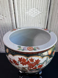 Chinese Floral Birds Ceramic Koi Fishbowl Planter on Wooden Stand