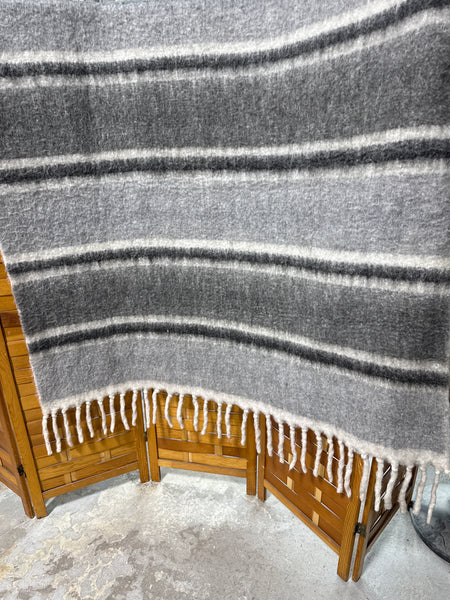 Pottery Barn Grey Striped Throw Blanket With Fringe