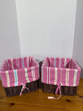 Pottery Barn Kids Sabrina Square Wicker Baskets With Pink Striped Lining - Pair