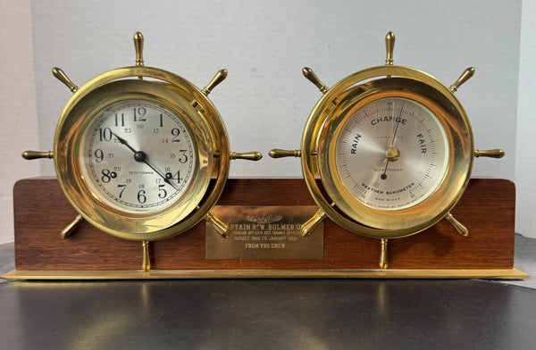 Seth Thomas Helmsman Ship’s Wheel Brass Clock & Barometer on Personalized Stand