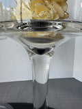 Pair of Pier 1 Glass Pedestal Hurricanes with Rose Carved Pillar Candles