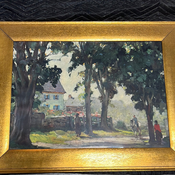 Print of Trees, Homes & Townspeople in Gold Frame