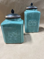 Pair Of Maine Green Ceramic Kitchen Canisters