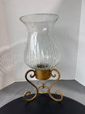 XL Hand Blown Ribbed Glass Hurricane Candleholder with Gilded Scroll Cast Iron Base