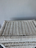 White Woven Wicker Vintage Storage Basket or Small Hamper with Hinged Lid