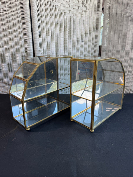 Pair of Vintage Brass & Glass Mirrored Hanging or Standing Curio Cabinets
