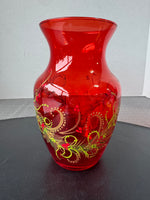 Holly Berries Hand Painted Red Glass Vase