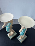 Pair of Sand Textured & Blue Glass Mosaic Seahorse Pillar Candle Holders