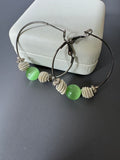 Green & Textured Silver Tone Beaded Hoop Earrings