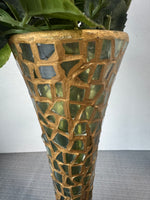 Green & Gold Glass Mosaic Vase with Faux Florals