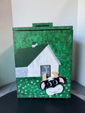 Green Sponge Painted Heavyweight Wooden Lidded Storage Bin or Trash Can with Barn & Cow Accents