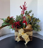 Faux Magnolia Leaf & Greenery Holiday Arrangement in Basket
