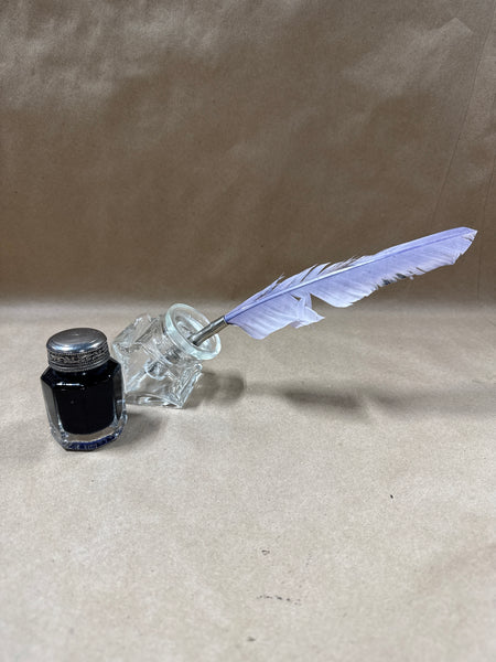 Glass Ink Well With Feather Pen And Ink Bottle