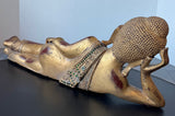 Reclining Burmese Mandalay Style Gilded Vintage Wooden Buddha with Glass Inlay