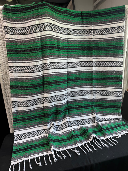 (A) Green Hand Made Mexican Blanket with Fringe