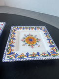 Pair of Square Hand Painted Spanish Pottery Floral Plates
