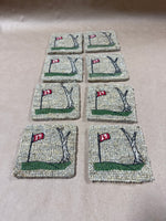 (A) Set Of 8 Handpainted Golfing Coasters On Carpet Samples