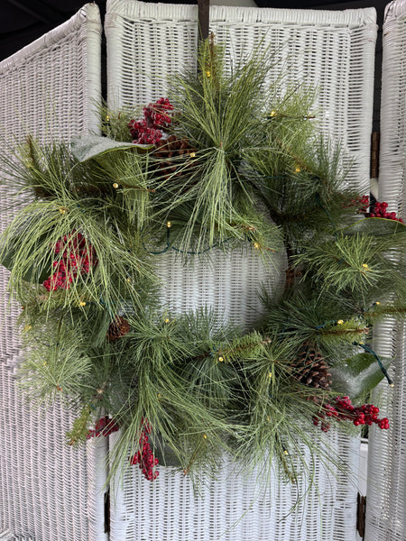 Faux Fir & Hollyberries Wreath with Lights