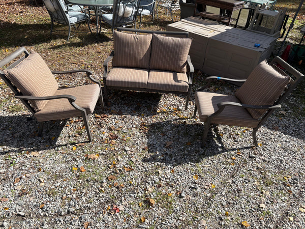 Brown Metal Loveseat and Two Chair Outdoor Set w/Rapid Dry Cushions