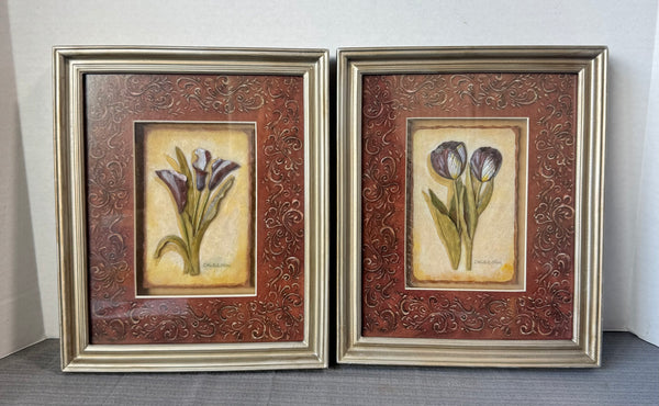 Pair of Framed Charlene Winterle Olsen Signed Floral Chalkware Plaques