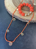 Long Gold Tone Disc & Orange Beaded Necklace & Stretch Bracelet Set