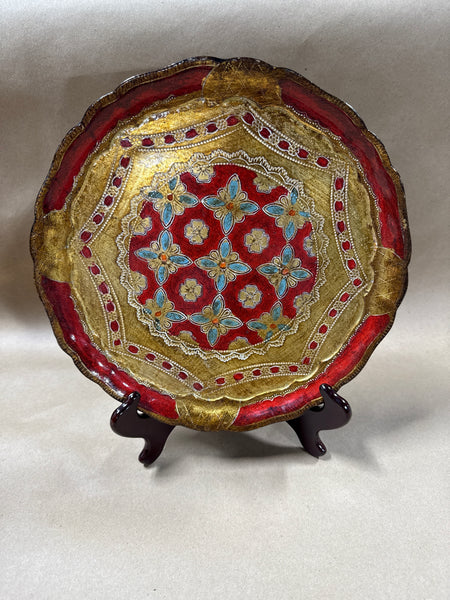 Round Gold And Red Scalloped Edge Italian Florentine Tray