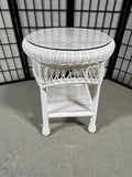 White Wicker Round Side Table with Glass