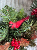 Faux Fir Christmas Wreath with Ornaments & Cardinals in Case