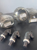 Trio of Reproduction Mercury Glass Style Decanters with Metal Horse Head Stoppers