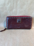 Dooney & Bourke Brown Leather Whipstitch Zip Around Wallet With Red & Green Interior