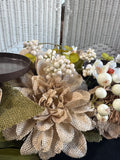 Burlap & Faux Floral Triple Pillar Candle Centerpiece (2 AVAILABLE—PRICED INDIVIDUALLY AT $15 EACH)