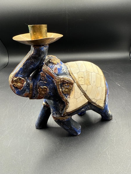 Blue Pearl And Brass Elephant Candle Holder