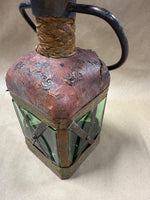 Italian Style Green Glass Decanter Wrapped In Leather With Handle READ DESCRIPTION