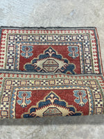 E-Hand Knotted Woollen Carpet, Coral/blue tones, 36"x27". Made in Pakistan.