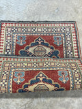 E-Hand Knotted Woollen Carpet, Coral/blue tones, 36"x27". Made in Pakistan.