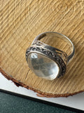 Milky Faceted Stone Filigree Silver Tone Ring SIZE 6.5
