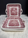 (H) 4-Piece Mason’s England Vista Pink China Square Handled Cake Platters