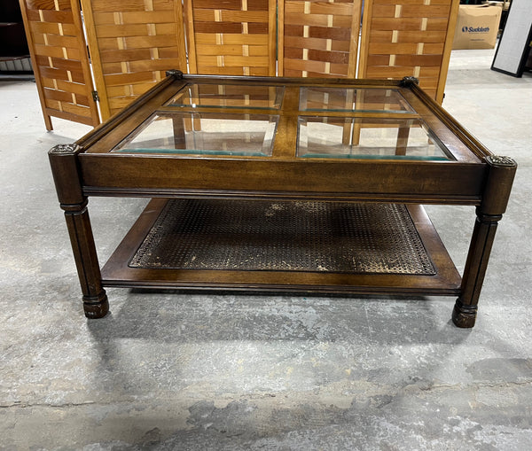 Square Coffee Table with Glass and Cane