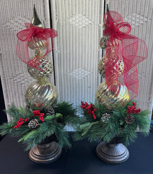 Pair of LED Lighted Finial Lightweight Christmas Topiaries