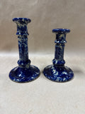 Pair Of Blue Spongeware Pottery Candle Stick Holders