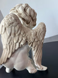 White Painted Terra Cotta Sitting Cherub Garden Sculpture