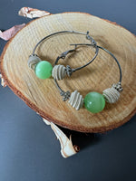 Green & Textured Silver Tone Beaded Hoop Earrings